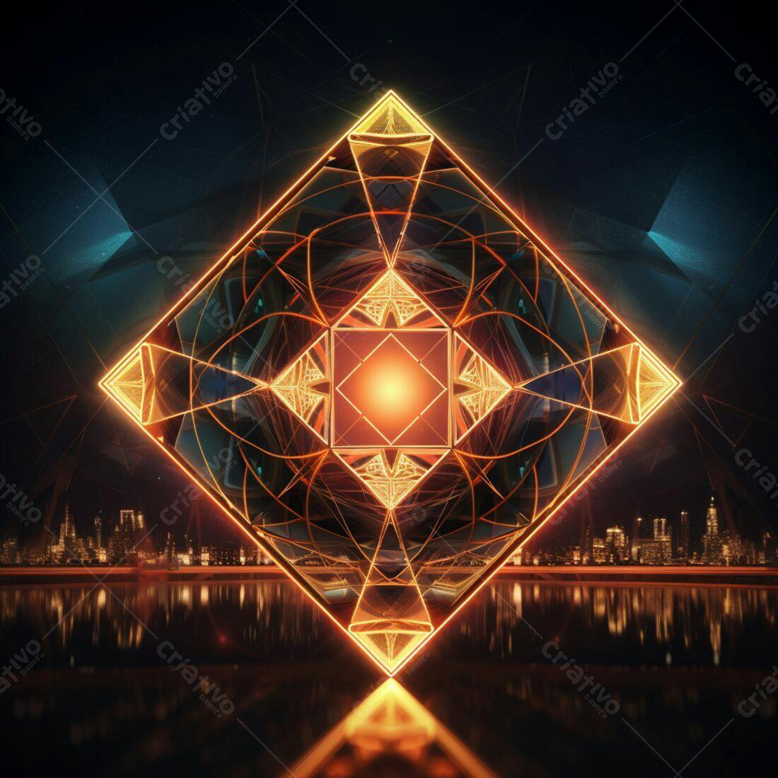 Mandala Geométrica Dourada sobre Cidade Noturna