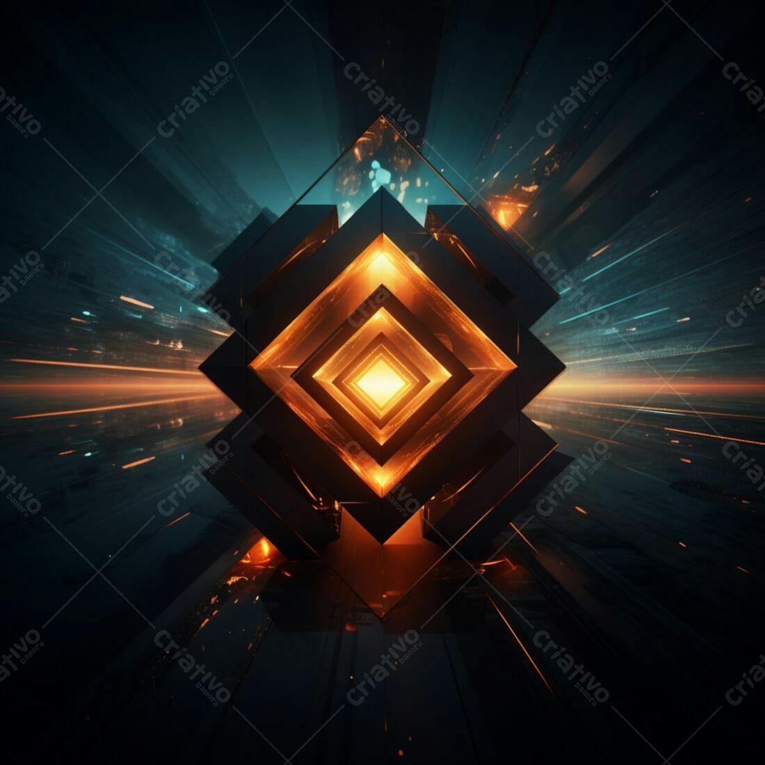 Cubo luminoso abstrato cores laranja e azul escuro