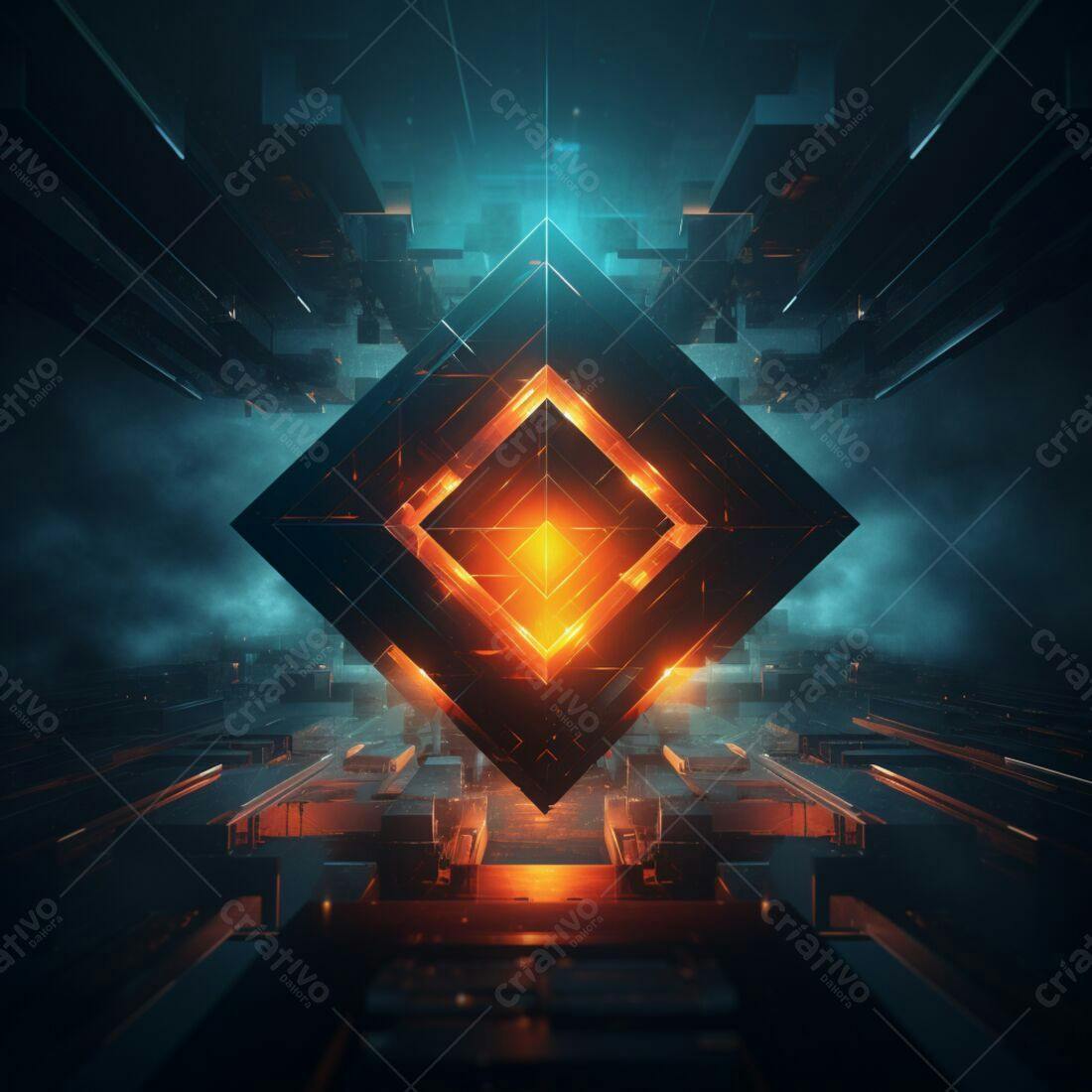 Cubo luminoso em ambiente futurista