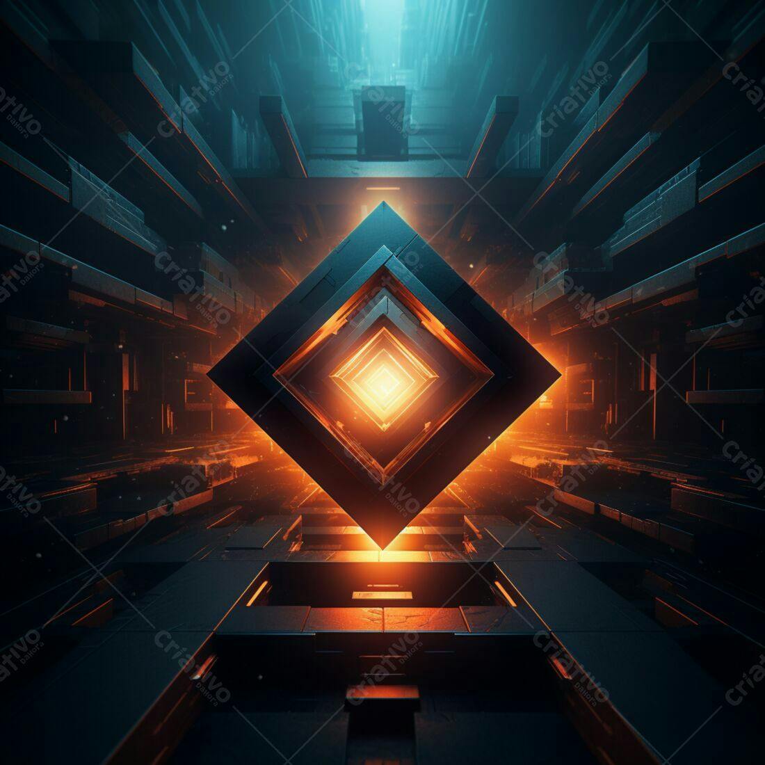 Cubo luminoso em corredor futurista