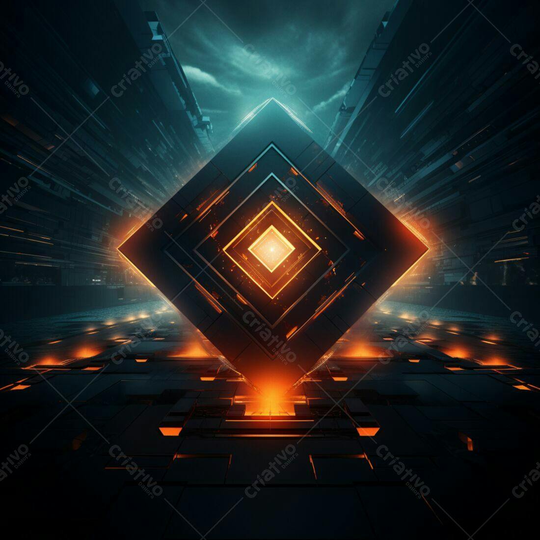 Cubo futurista com luzes laranja e azuis