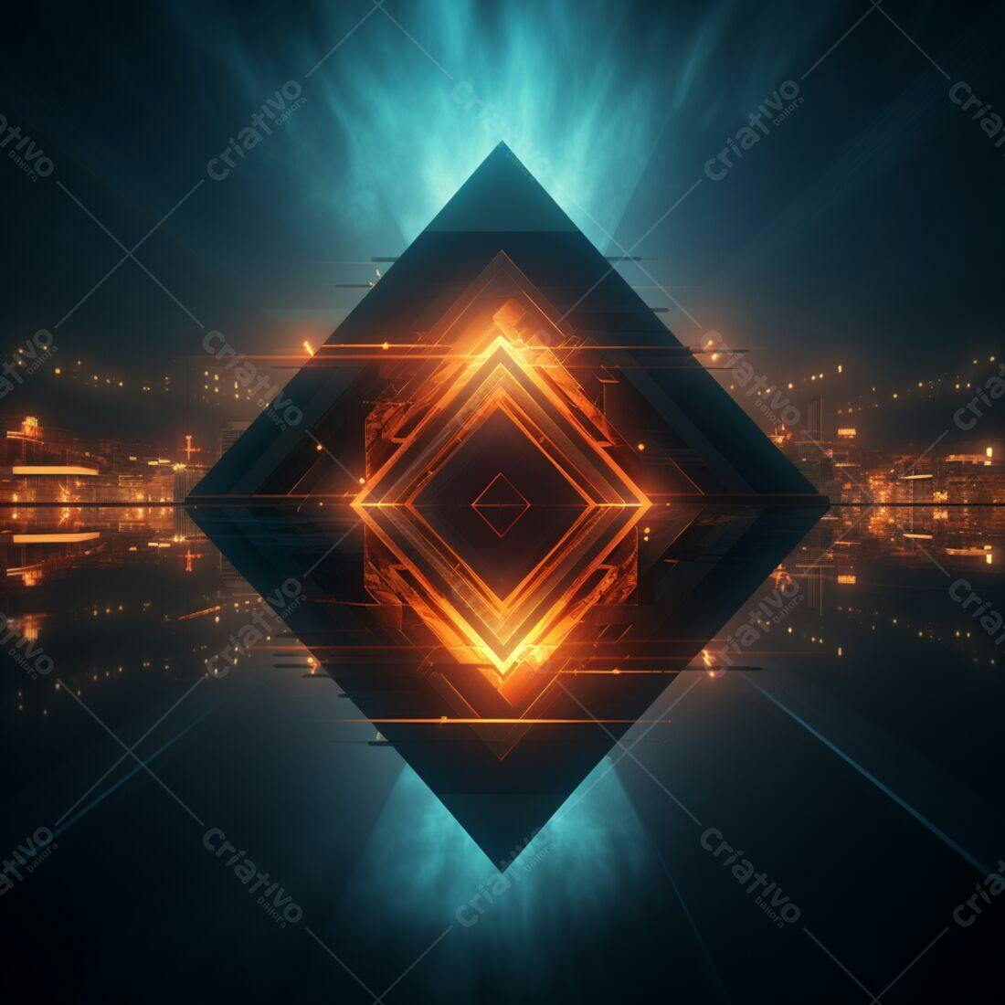 Estrutura geométrica iluminada laranja e azul