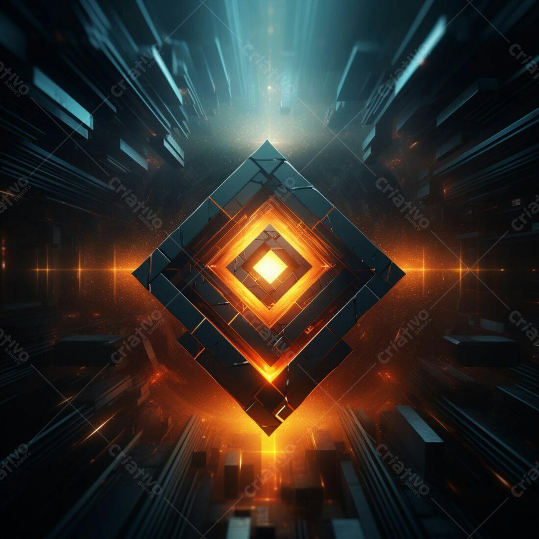 Cubo de Luz Laranja e Preto em Cenário Sci-fi