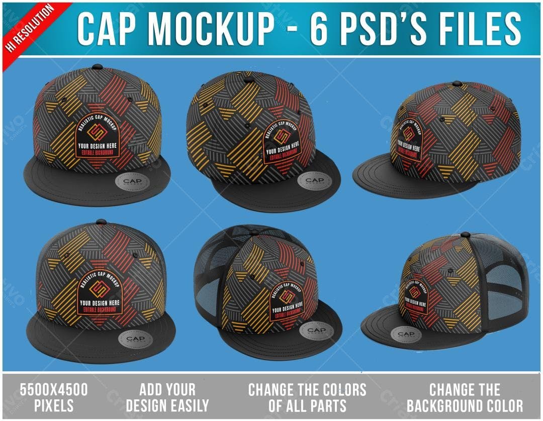 Mockup Boné Aba Curva: Design Geométrico Preto, Amarelo e Vermelho