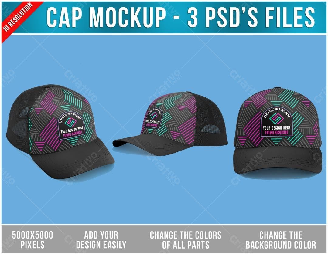 Mockup Boné Trucker Realista: Design Geométrico