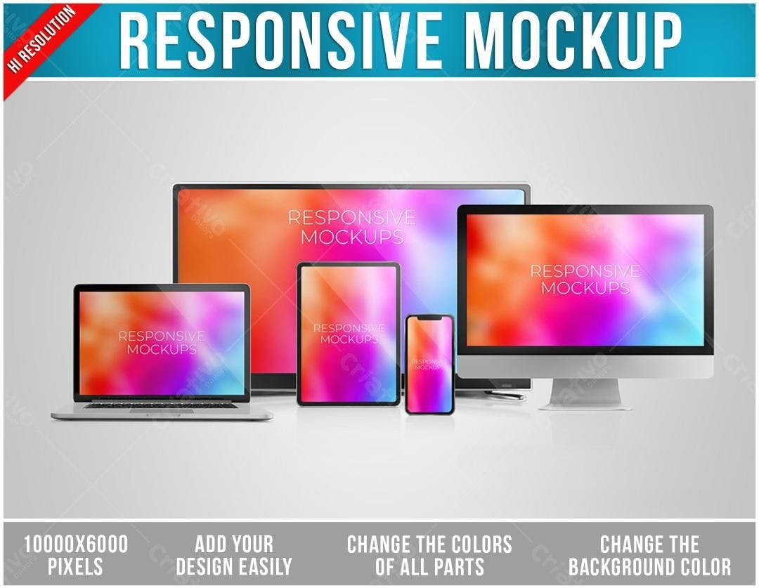 Mockup Responsivo: Notebook, Tablet e Smartphone com Cores Vibrantes