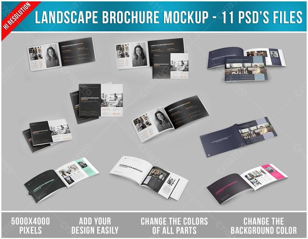 Caderno ou revista De Brochura Na Horizontal Mockup - 11 variações em Psd