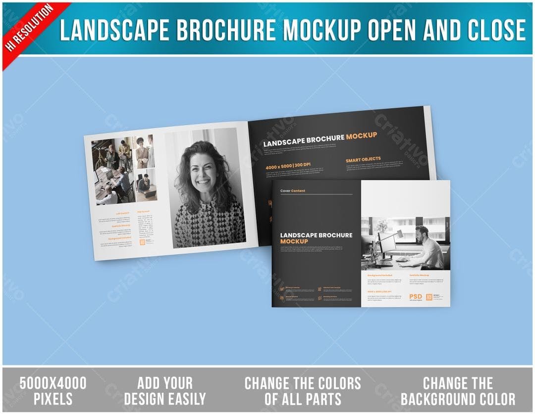 Mockup de Brochura Paisagem: Design Moderno em Preto e Branco