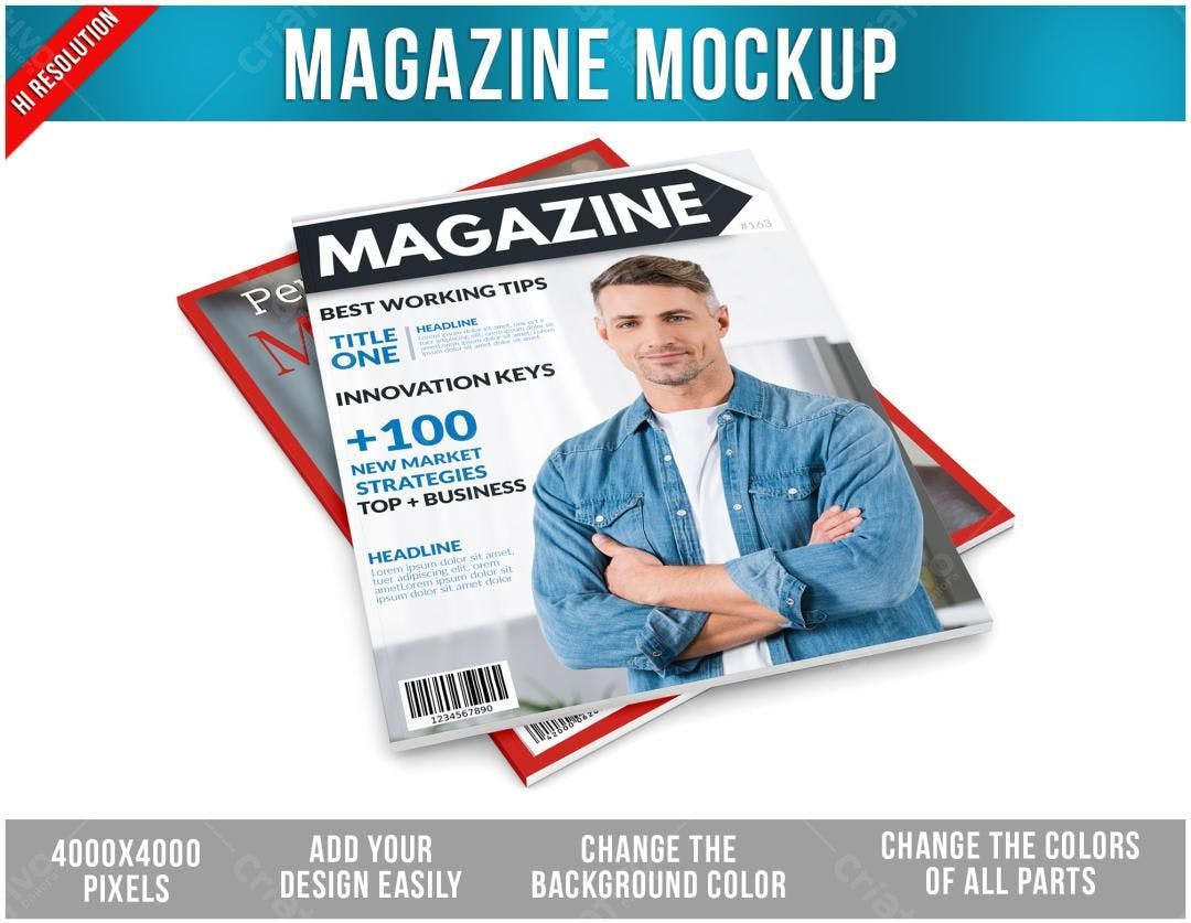 Mockup Revista Moderna: Homem Caucasiano, Cores Vermelha e Azul
