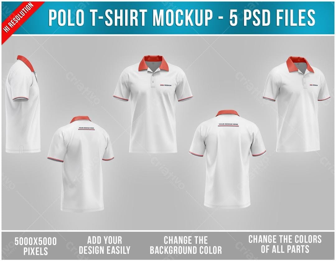 Mockup Camiseta Polo Branca com Detalhes Coral: Visual Realista
