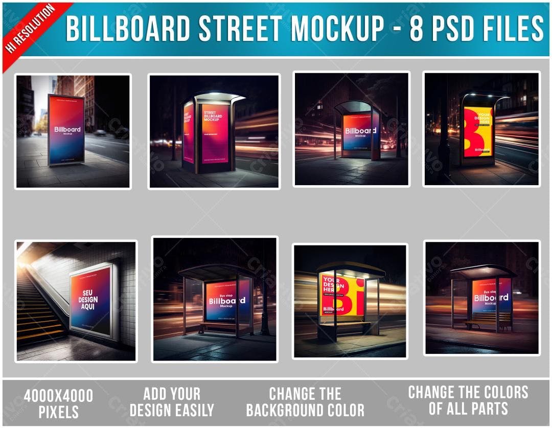 Mockup de Outdoor Noturno: Anúncios em Rua e Ponto de Ônibus
