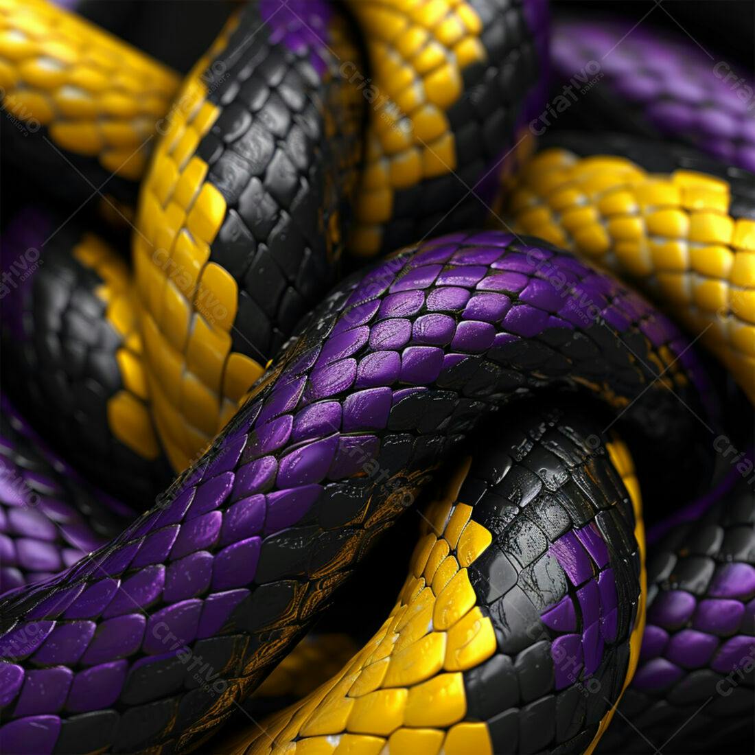 Cobras entrelaçadas em tons roxo, preto e dourado