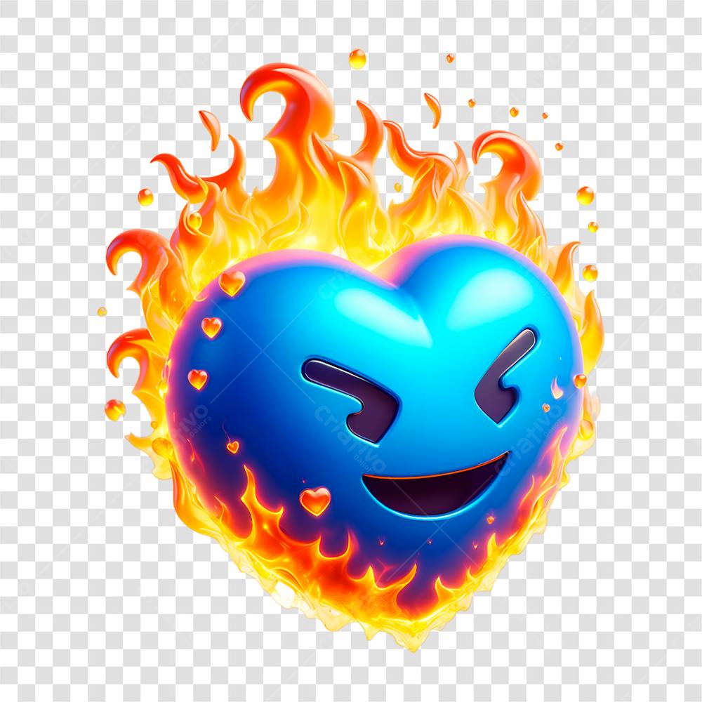 Emoji De Coração 3D Azul Flamejante Com Chamas Elemento