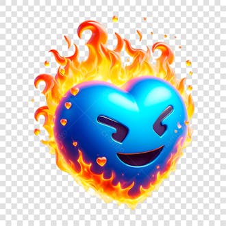 Emoji de coração 3d azul flamejante com chamas elemento