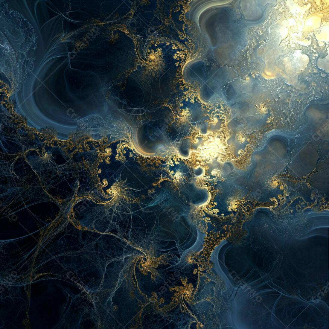 Arte Abstrata Azul e Dourado Detalhes Intrincados