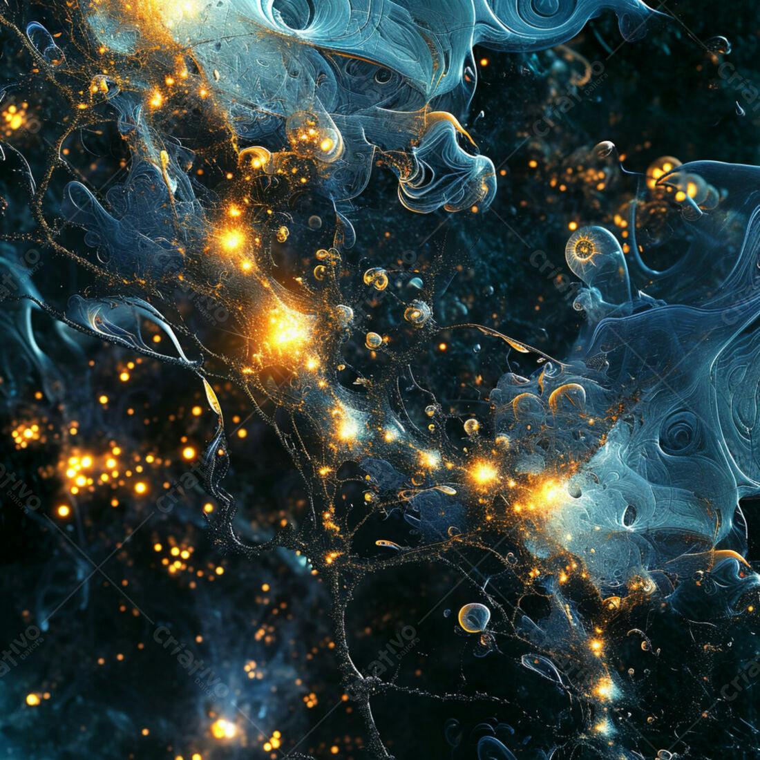 Arte abstrata azul e dourado com luzes brilhantes