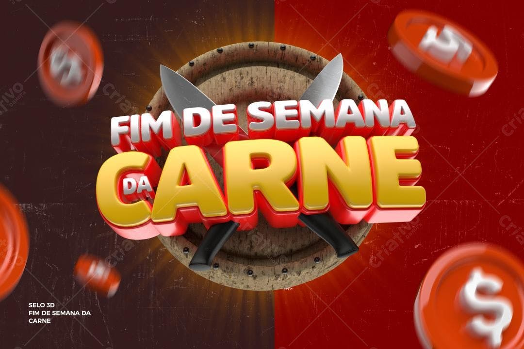 Selo 3D promocional Fim de Semana da Carne vermelho e amarelo