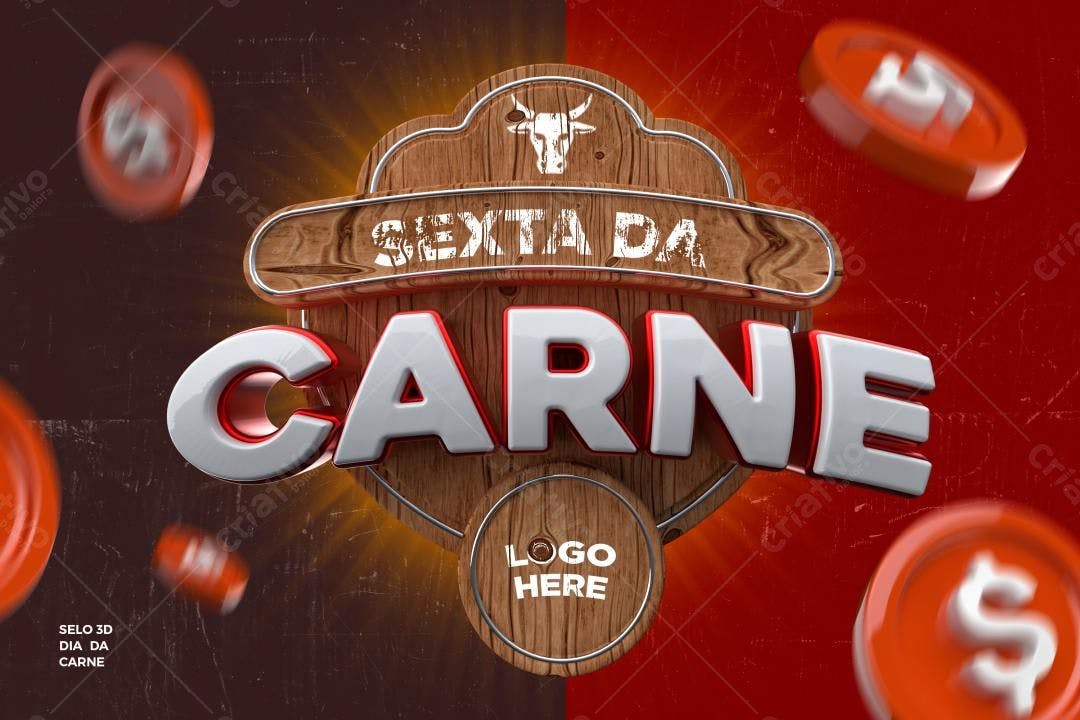 Selo 3D Madeira e Metal Vermelho e Branco Dia da Carne