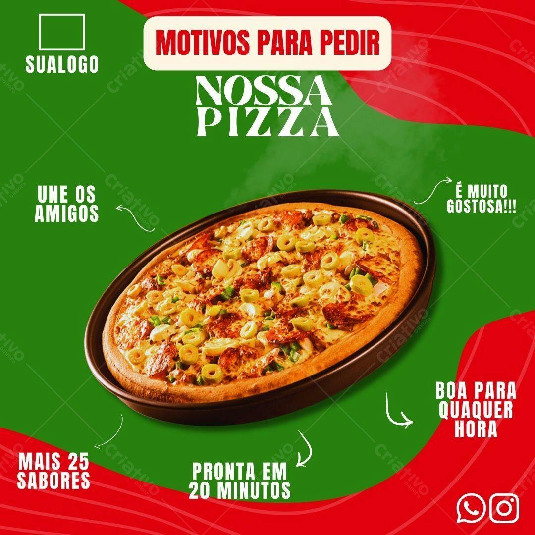 Post Instagram Pizza deliciosa verde e vermelho Editável no Canva