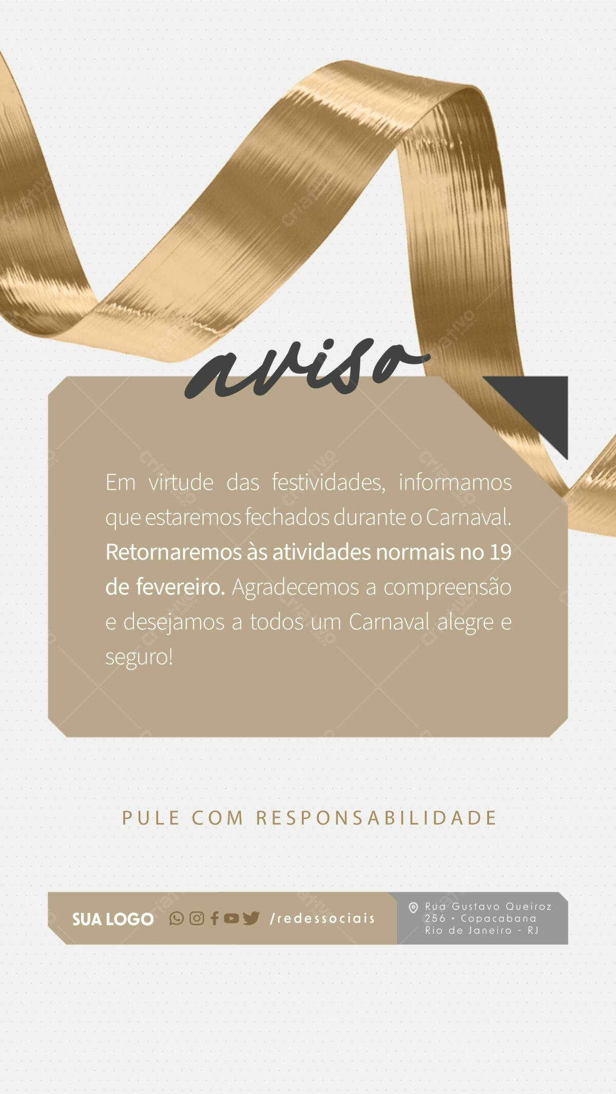 Aviso de Férias Carnaval PSD Editável