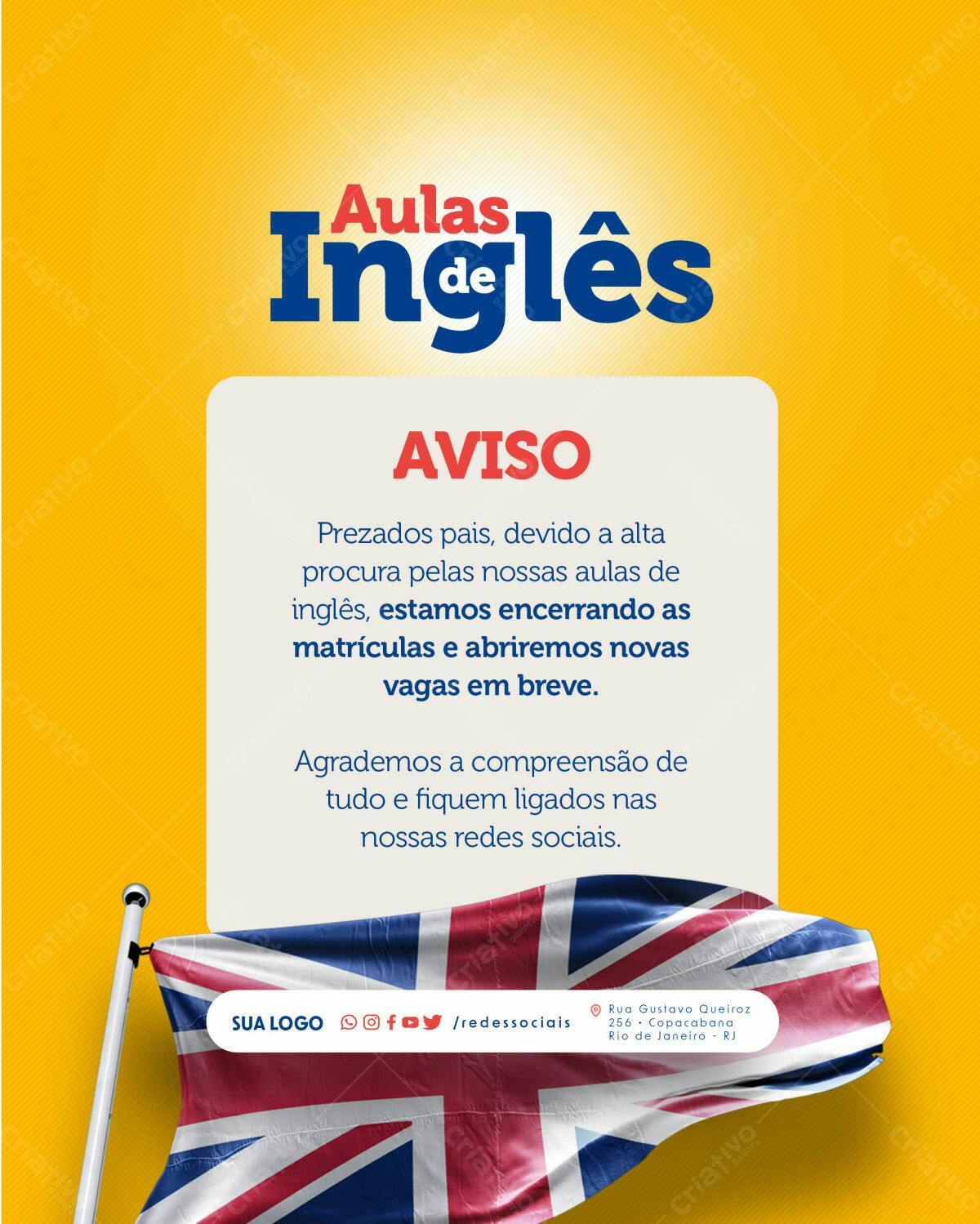 Aviso de Encerramento Matrículas Aulas Inglês PSD Editável