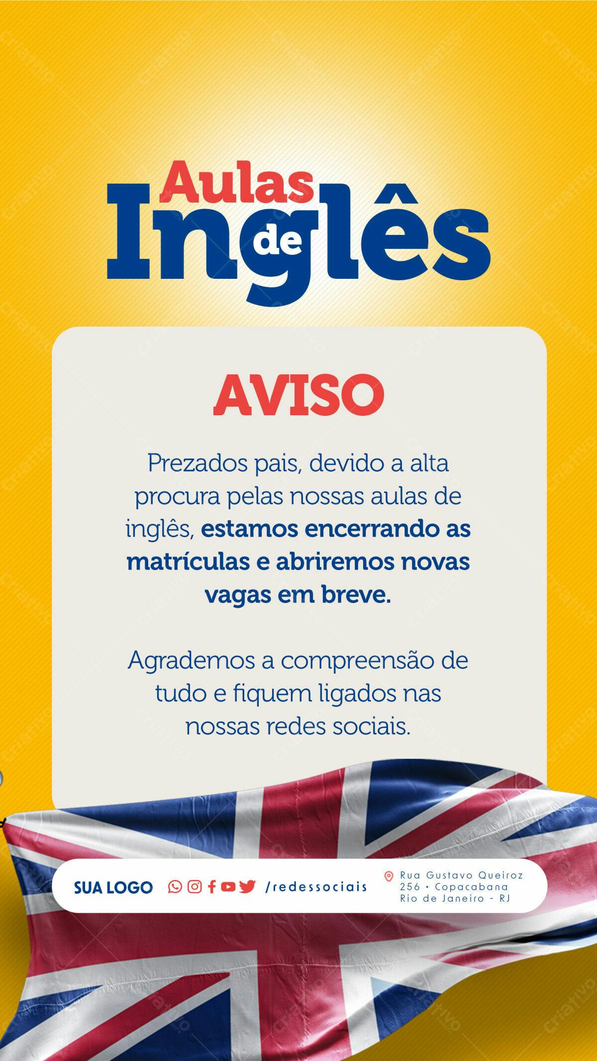 Aviso Encerramento Matrículas Aulas de Inglês PSD Editável