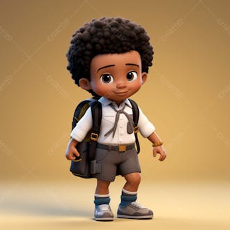 Animacao 3d de volta as aulas, um menino negro com uma mochila nas costas 13