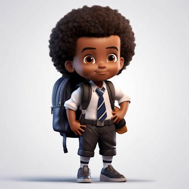 Animacao 3d de volta as aulas, um menino negro com uma mochila nas costas 15