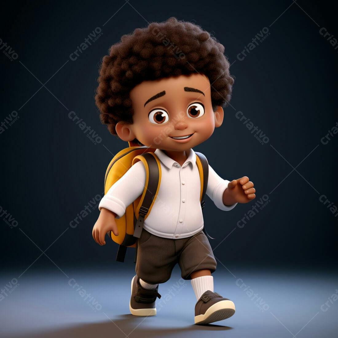 Menino negro indo para escola com mochila amarela