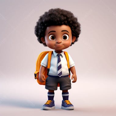 Animacao 3d de volta as aulas, um menino negro com uma mochila nas costas 33