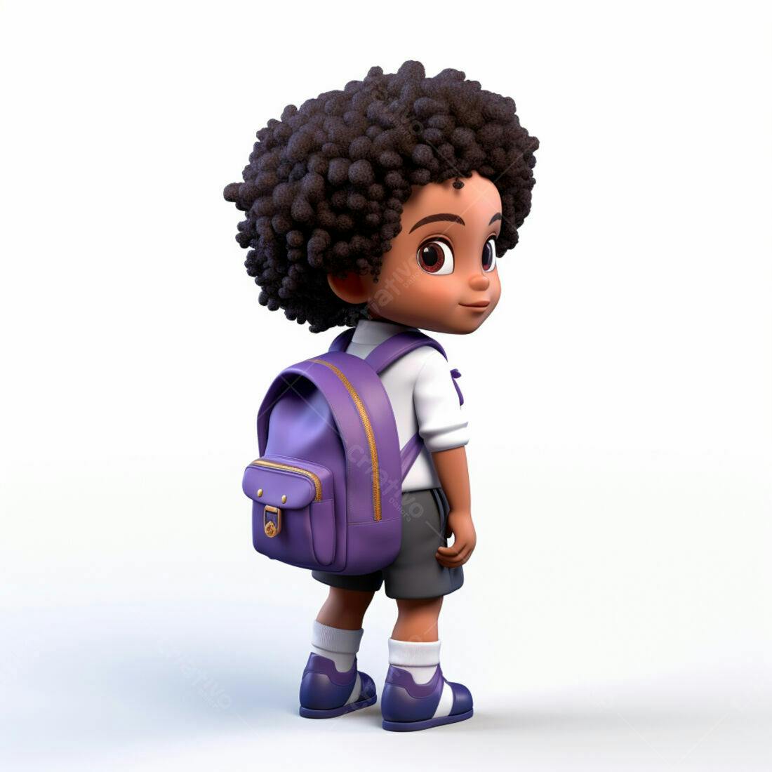 Criança negra com mochila roxa indo para escola