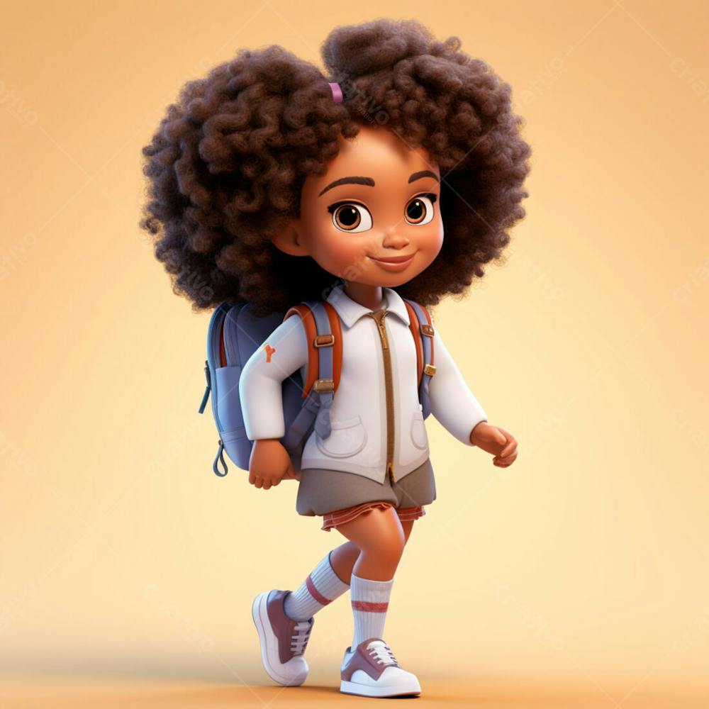 Animacao 3D, Volta As Aulas, Garota Negra Com Mochila Nas Costas 10