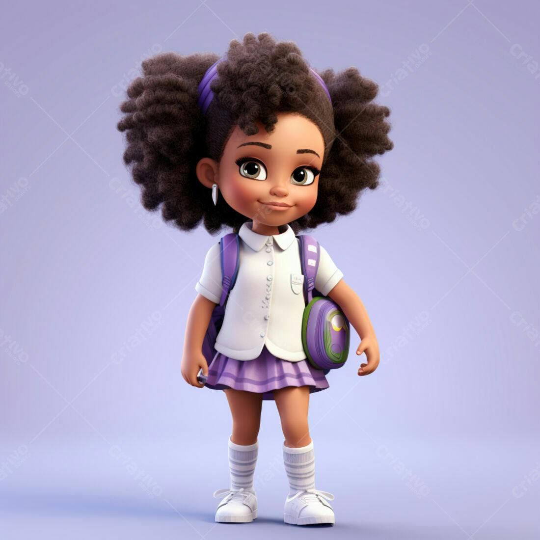 Menina negra fofa com mochila roxa