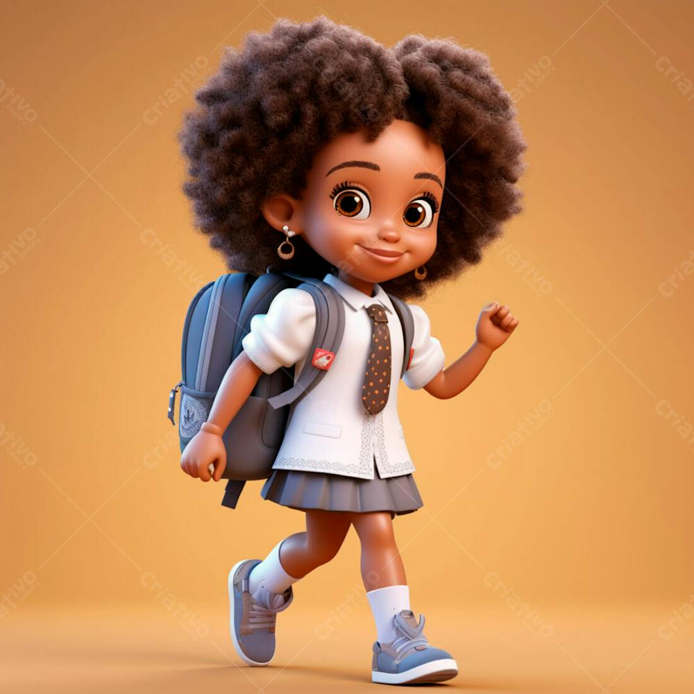 Animacao 3D, Volta As Aulas, Garota Negra Com Mochila Nas Costas 17