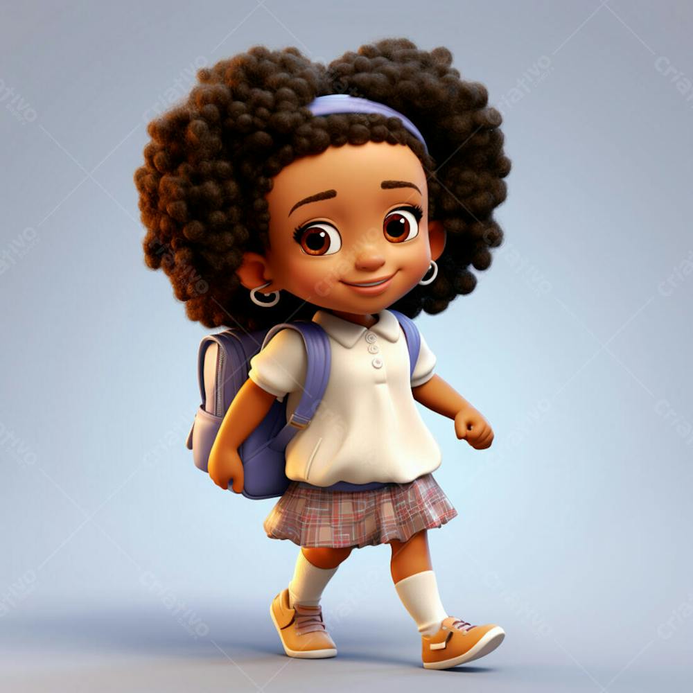 Animacao 3D, Volta As Aulas, Garota Negra Com Mochila Nas Costas 19