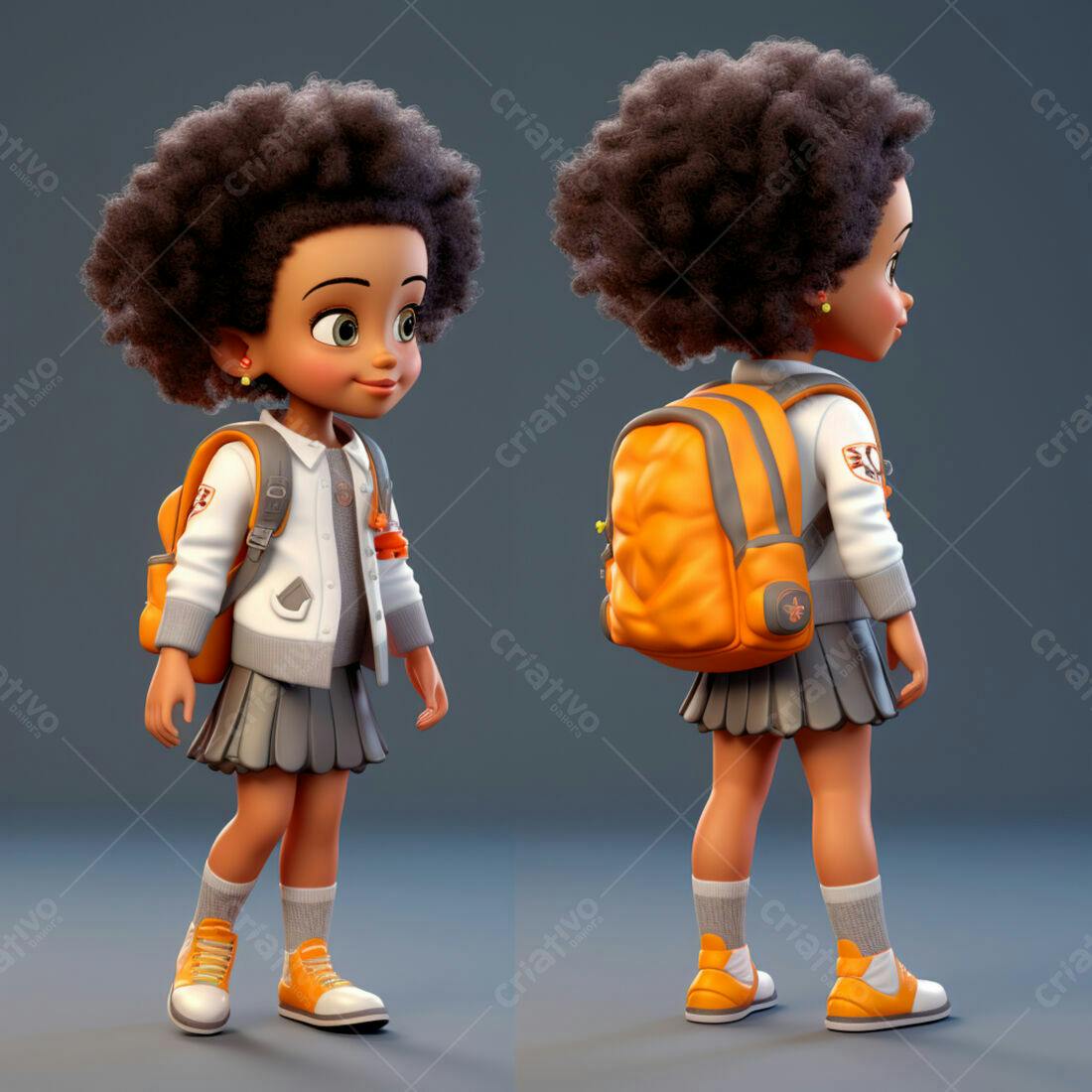 Menina negra com mochila laranja indo para escola