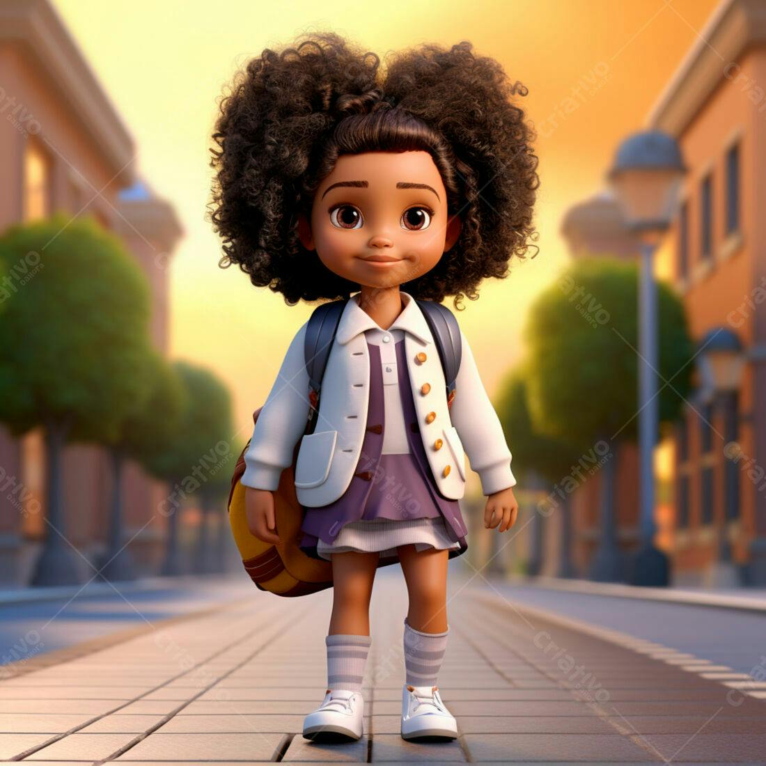 Menina negra com mochila indo para escola ao entardecer