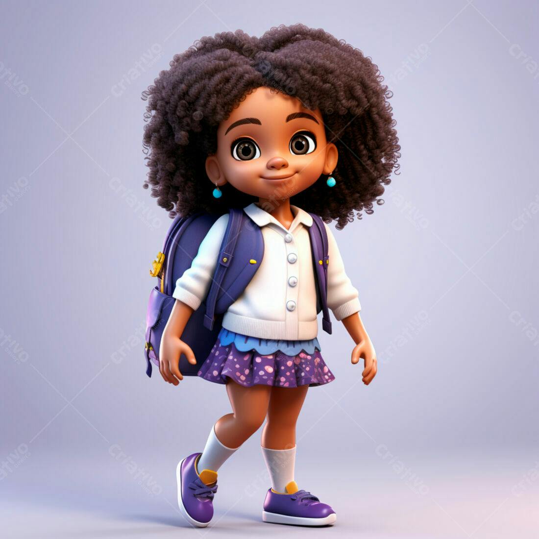 Menina negra animada indo para escola com mochila roxa