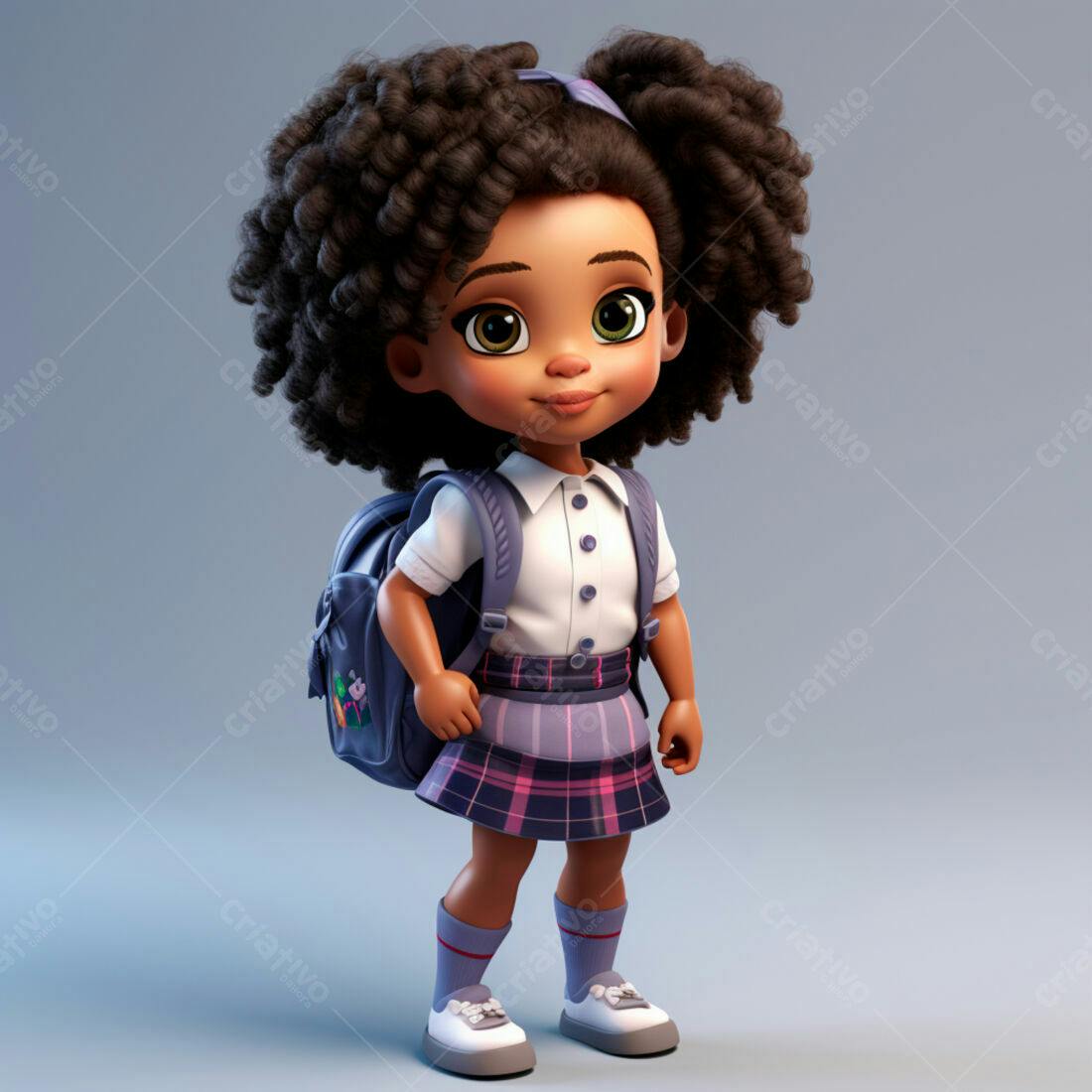 Menina negra animada com mochila escolar