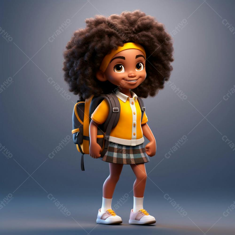 Animacao 3D, Volta As Aulas, Garota Negra Com Mochila Nas Costas 46