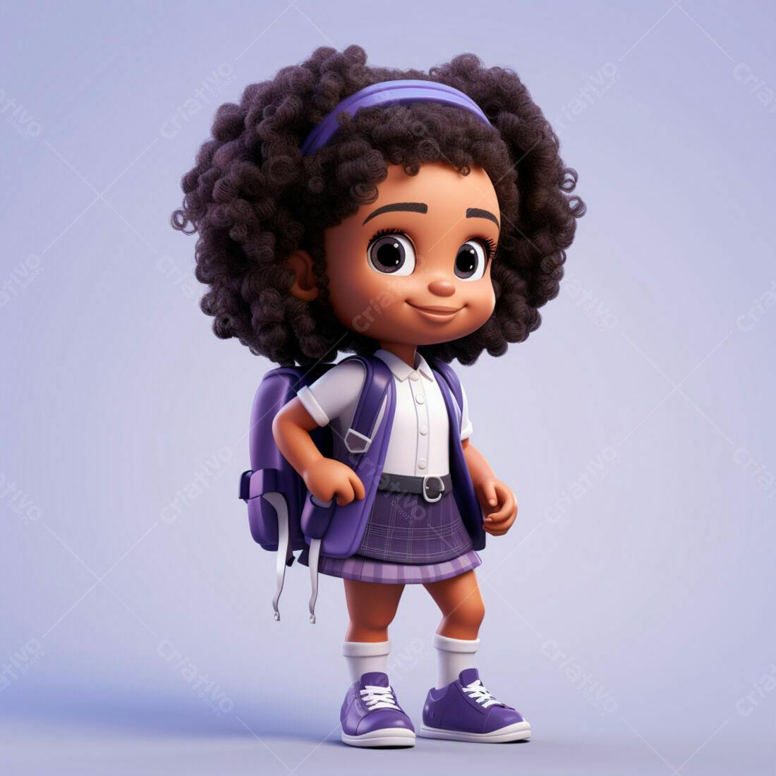 Menina negra com mochila escolar em tons roxos