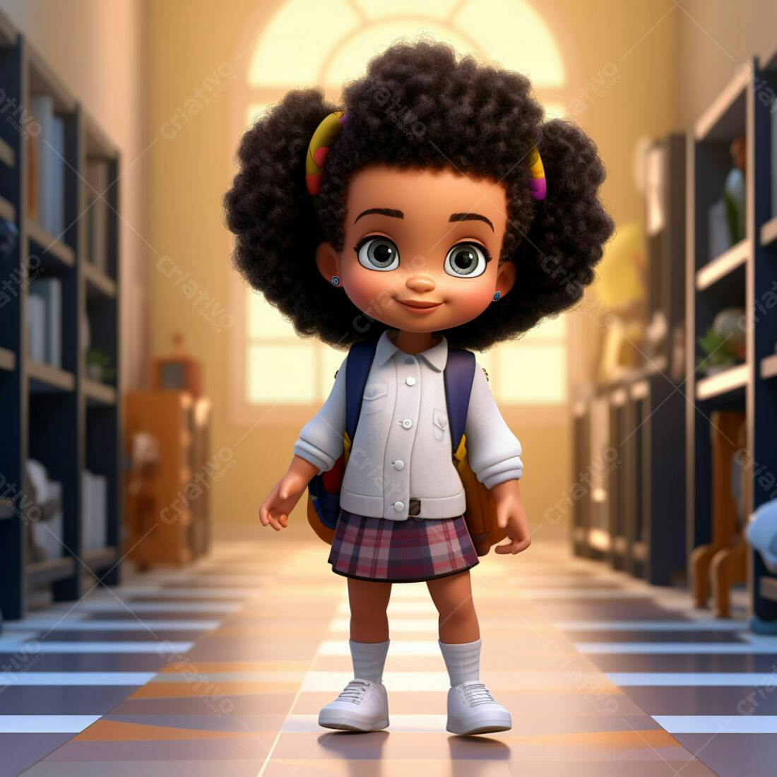 Menina negra com mochila em corredor escolar