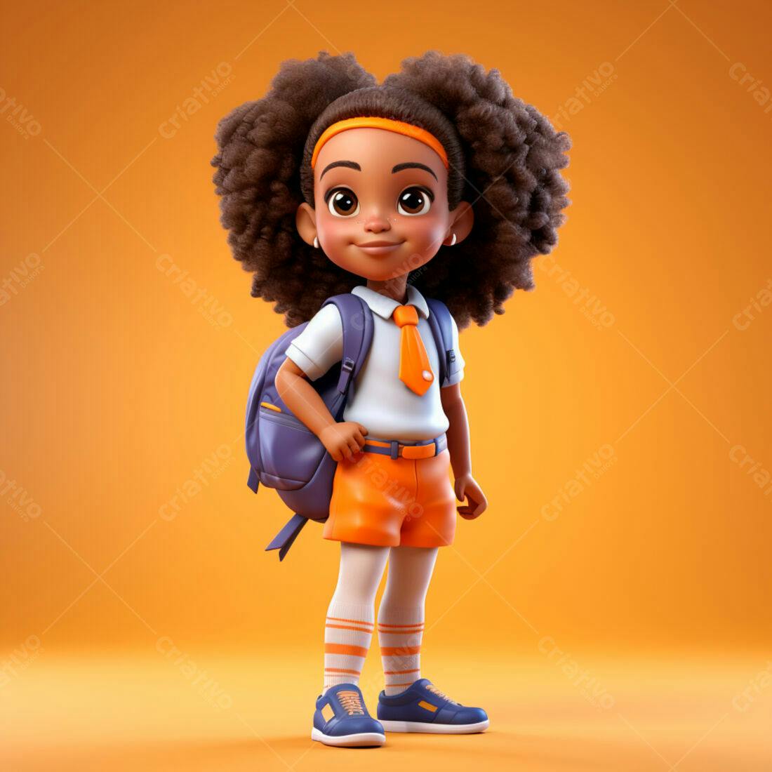 Menina negra alegre com mochila indo para escola