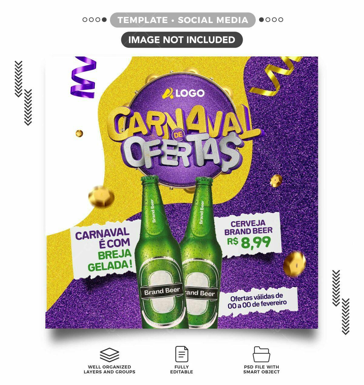 Flyer Carnaval de Ofertas com Cerveja PSD Editável