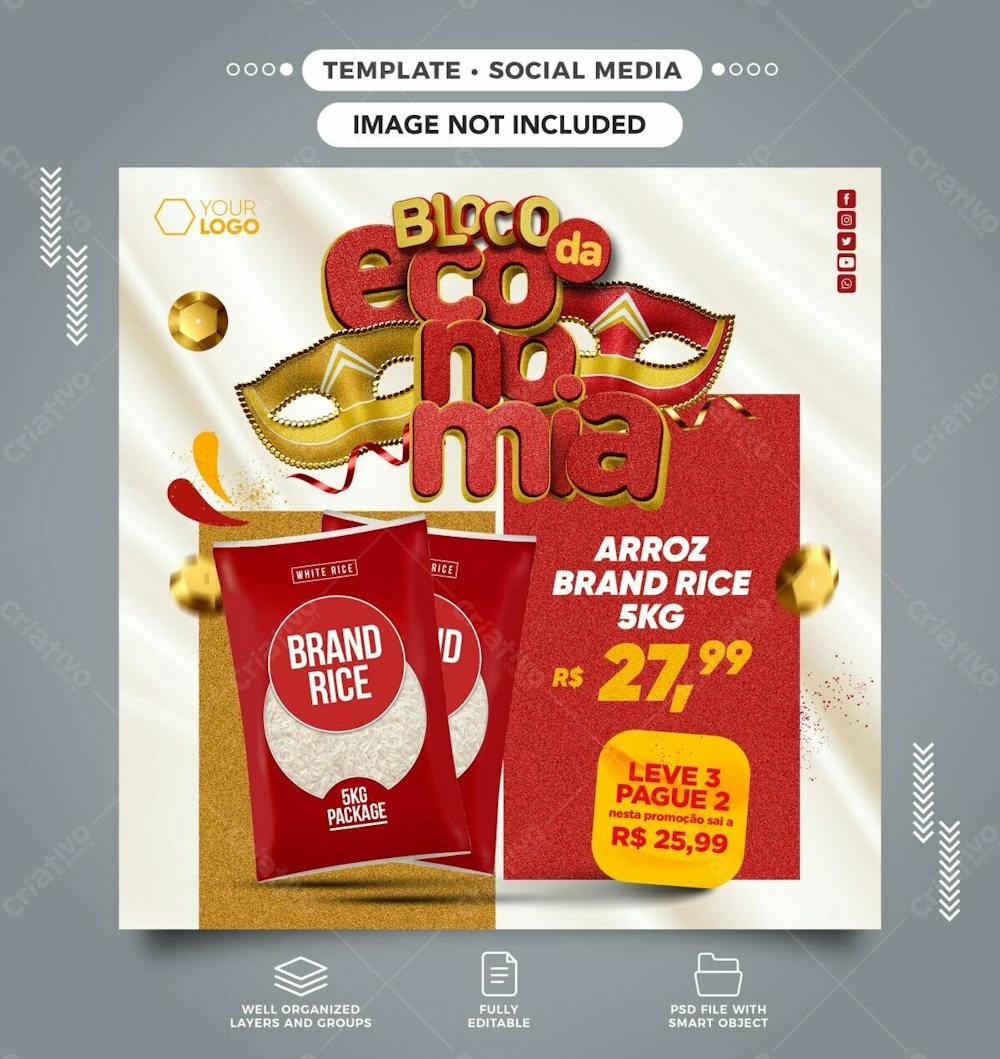 Social Media Bloco Da Economia Arroz Promocional Template Feed