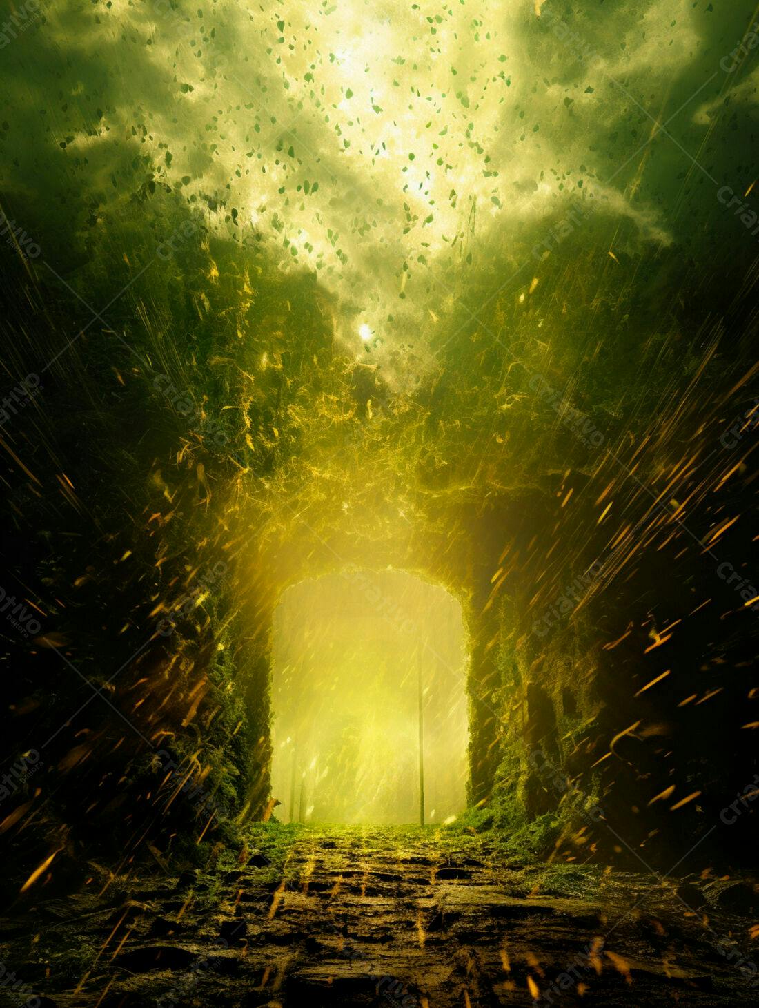 Portal mágico floresta verde e dourado