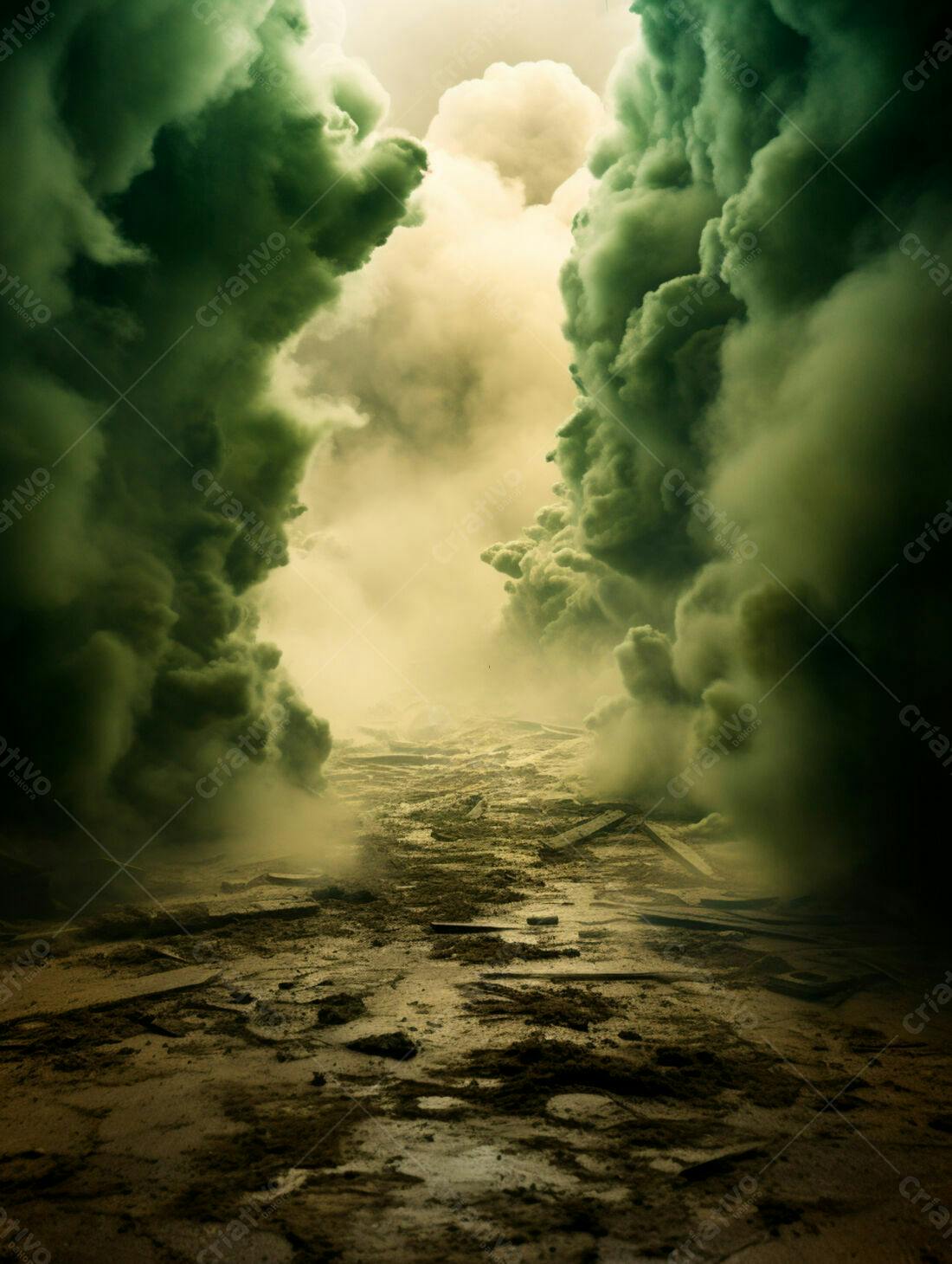 Paisagem apocalíptica com nuvens verdes
