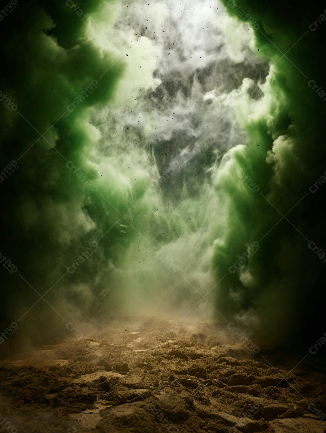 Nuvem verde sobre solo arenoso