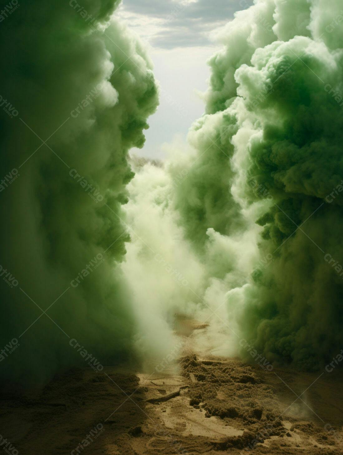 Nuvem de fumaça verde em cenário árido