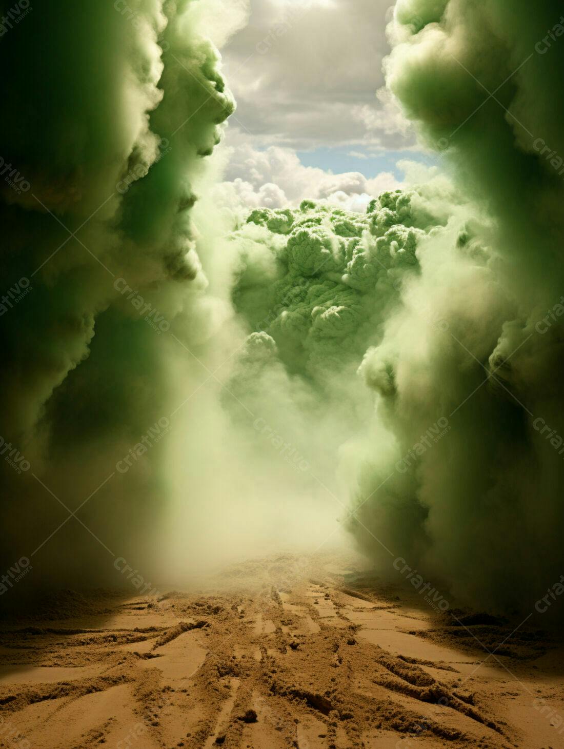 Caminho arenoso sob nuvens verdes